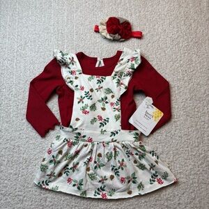 Burts‎ Bees Dress Baby Girls 12M Mistletoe Overall Dress w/ Bodysuit Christmas